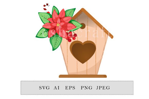 Composition Birdhouse with Poinsettia Graphics for Seasonal Illustrations