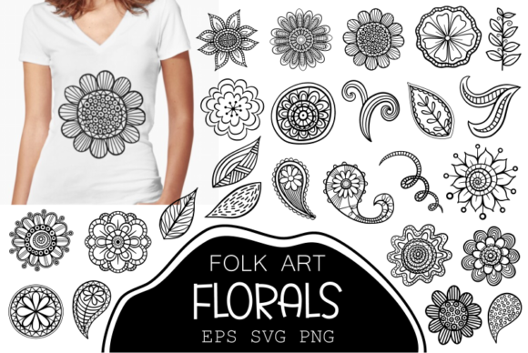 Folk Art Doodle Flower Clipart Elements for Graphics and Illustrations