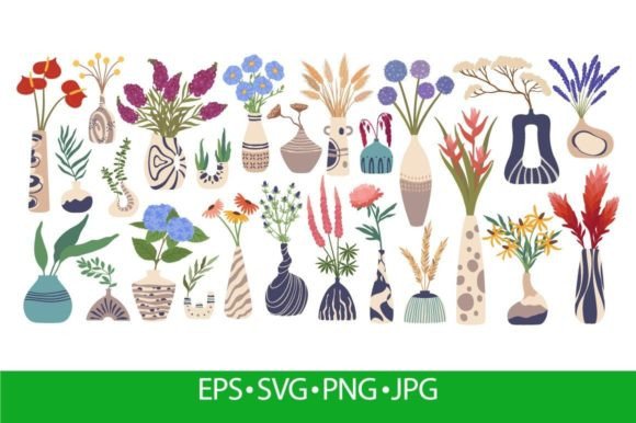 Vase with Flowers. Various Plants for Graphics and Illustrations